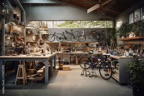 Interior of modern bicycle workshop