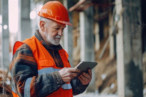 Middle aged man using tablet at construction site