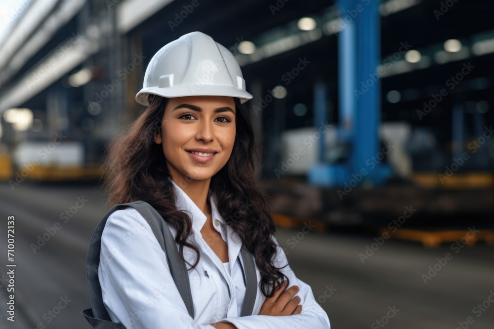 Confident Female Engineer with Hard Hat at Industrial Port Confident Female Engineer with Hard Hat at Industrial Port