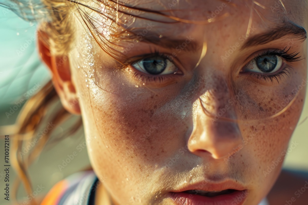 Close-up of a Focused Female Athlete with Intense Eyes and Sweat on Face
