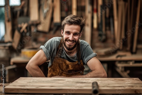 Smiling young man working in carpentry shop