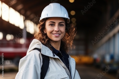 Confident Female Engineer with Hard Hat at Industrial Port