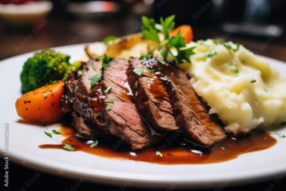 Close up sliced roast beef with vegetables served on a plate Close up sliced roast beef with vegetables served on a plate