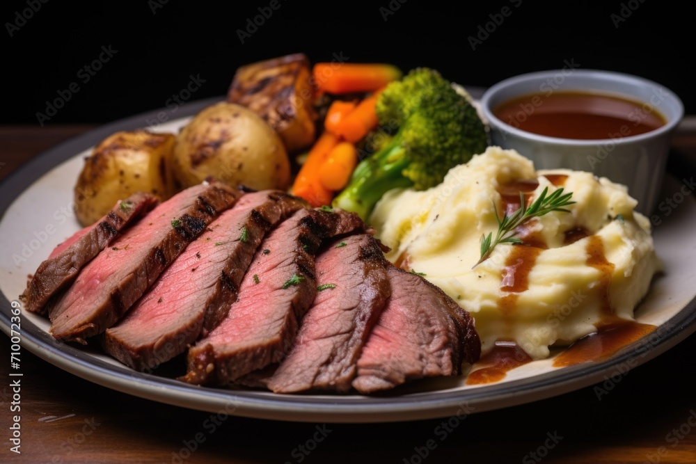 Close up sliced roast beef with vegetables served on a plate Close up sliced roast beef with vegetables served on a plate