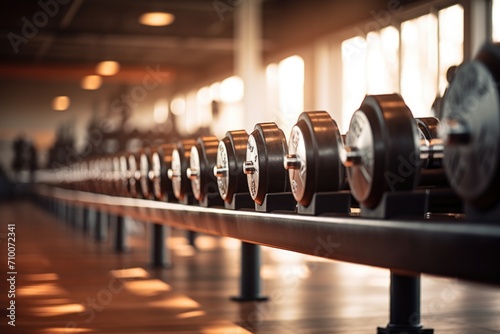 Row of dumbbells on rack in gym photo