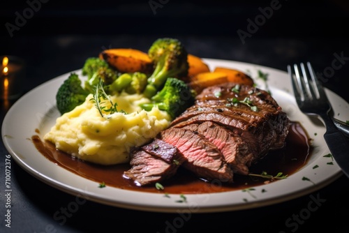 Close up sliced roast beef with vegetables served on a plate