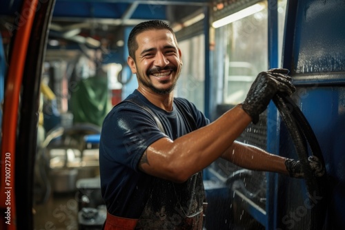 Portrait of a smiling male hispanic worker in car wash