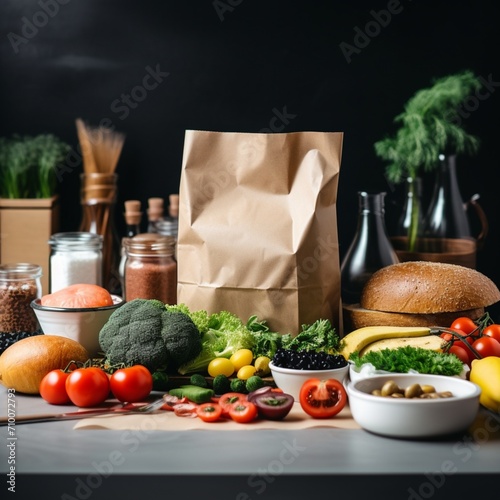 Food still life  Paper bag full of vegetables on isolated white background  Shopping bag with healthy food. Healthy food concept  healthy habits. Black background. Generated with AI.