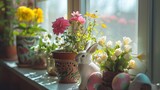 Potted Blooms, Easter Eggs, and Miniature Bunny Decor