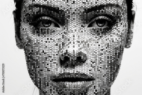 Woman portrait made of many pieces. Digital simulation of female face. Human looking at camera from matrix