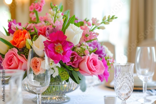 a dining table featuring a stunning centerpiece of fresh