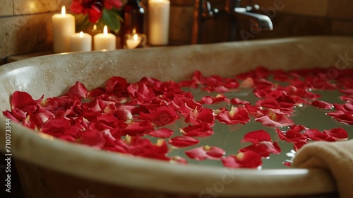 Rose-petal-filled Tub, Candles, and Aromatic Essential Oils