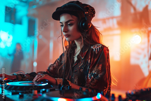 DJ courses for adults. Woman learning to mix dance music in headphones in neon lighting. Young female person using mixer and turntables in a studio. photo