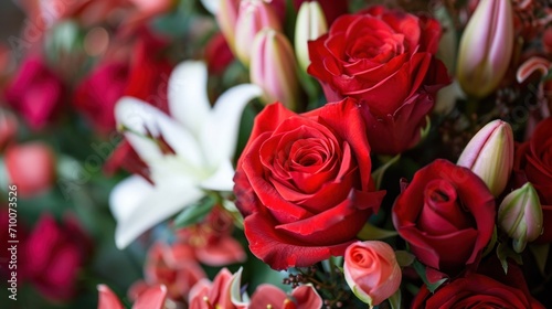 Bouquets of red roses  delicate lilies  and aromatic petals
