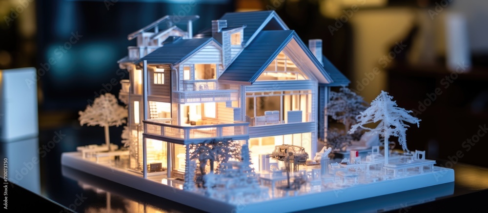 3D printer creating detailed home model up close.