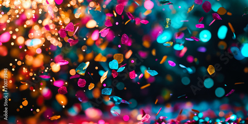 Bright colorful confetti on black background, neon light. Party backdrop