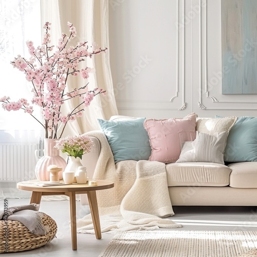 A beautifully decorated living room, adorned with pastel-colored cushions, th...