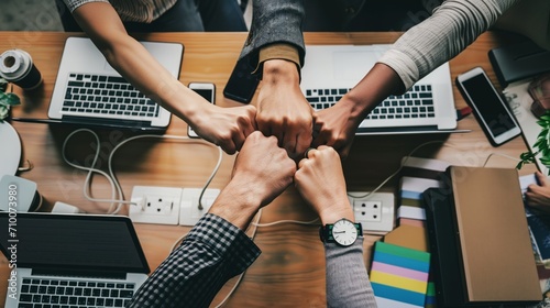 Office colleagues doing a united fist pump symbolizing the power of teamwork