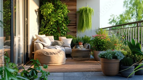 An outdoor terrace adorned with potted plants, comfortable seating