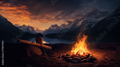 a fire in a mountain environment during the dark, the lighting, shadows and location of the fire correspond to the natural surroundings photo