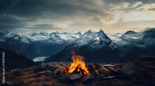 a fire in a mountain environment during the dark, the lighting, shadows and location of the fire correspond to the natural surroundings photo