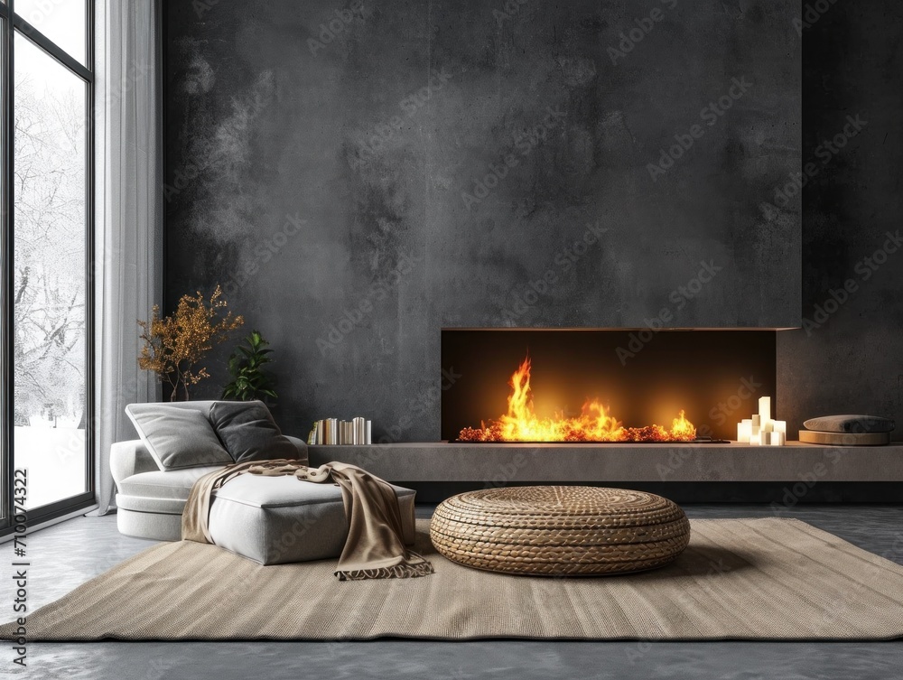 Obraz na płótnie modern interior flat and living room with fireplace w salonie