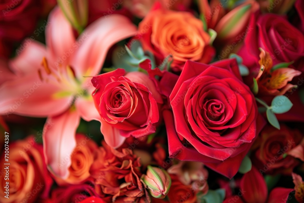 Bouquets of red roses, delicate lilies, and aromatic petals Bouquets of red roses, delicate lilies, and aromatic petals