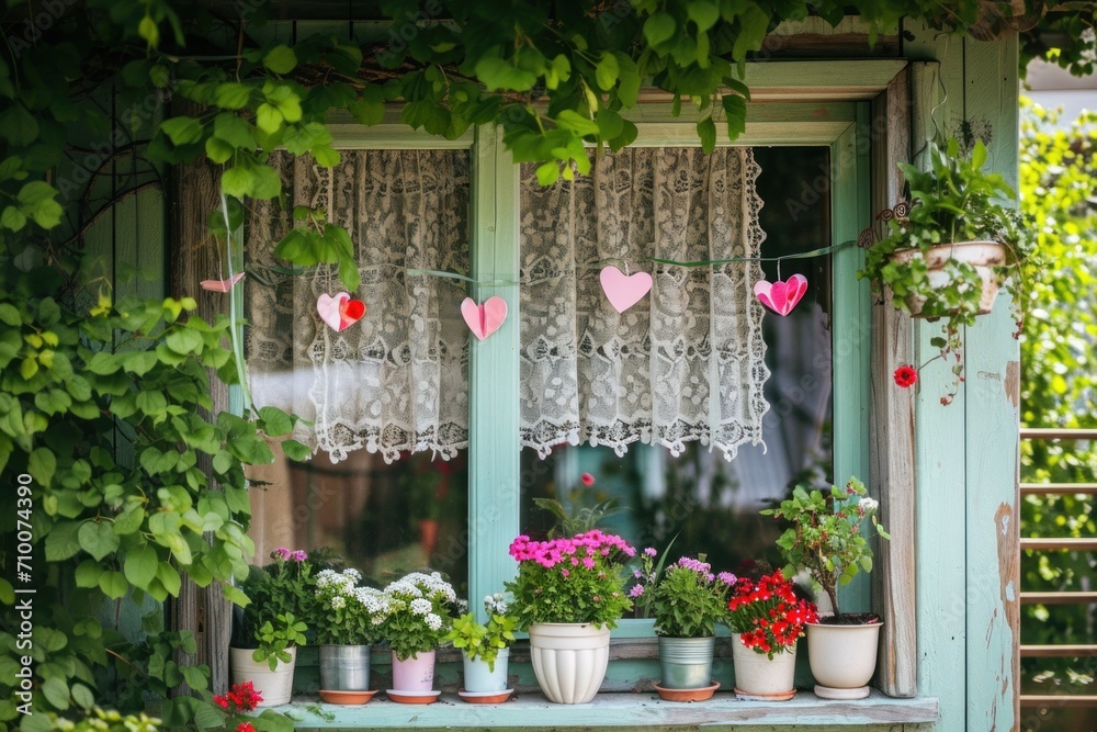 Naklejka premium Heart garlands, lace curtains, and blooming potted flowers