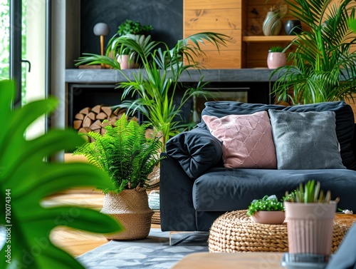 one dark colored sofa in front of a wooden fireplace, with plants and pillows...