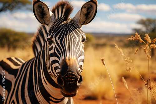 Zebra portrait in savannah landscape. Black and white striped zebra in national park