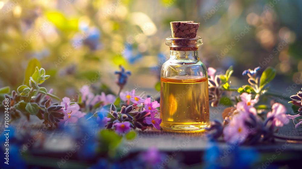 Essential oil bottle with herbs and flowers around Essential oil bottle with herbs and flowers around