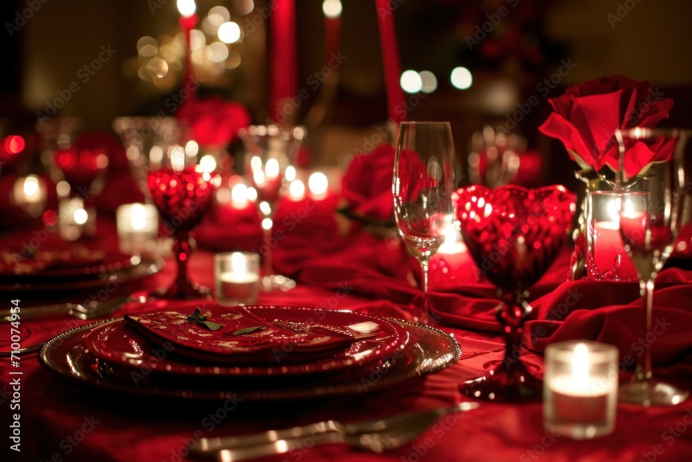  Red linens, elegant dinnerware, and romantic candlelight