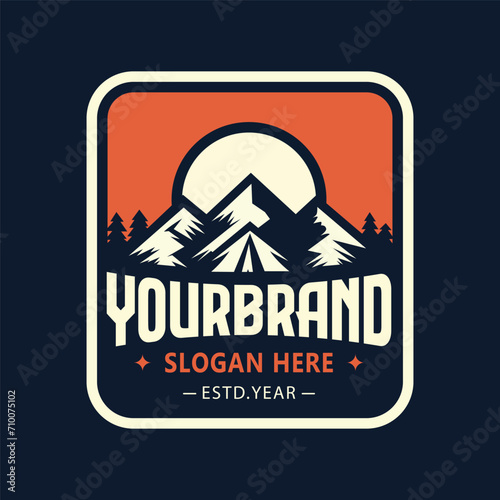  vintage adventure outdoor badge. Camping emblem logo with mountain and tree illustration