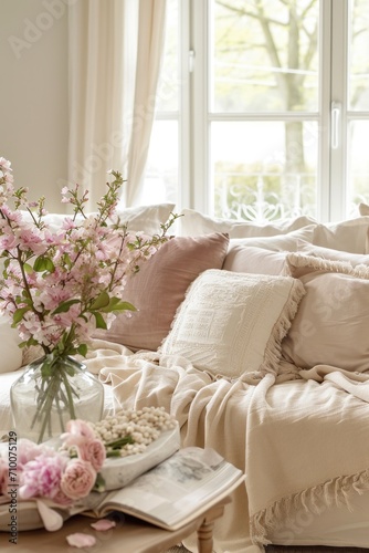 A beautifully decorated living room, adorned with pastel-colored cushions, throws © olegganko