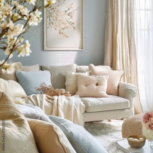 A beautifully decorated living room, adorned with pastel-colored cushions, th...