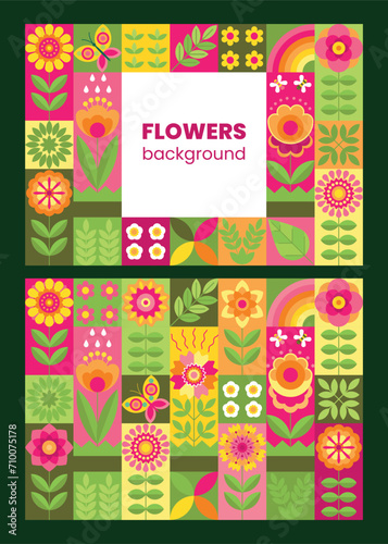 Set of bstract geometric floral background. Colourful spring pattern with decorative stylized blooming flowers. Banner, flyer, card, invitation