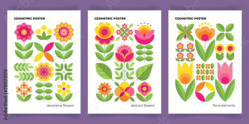 Geometric poster with beautuful decorative stylised flowers. Abstract floral background. Spring, summer nature. Flyer, invitation, decoration