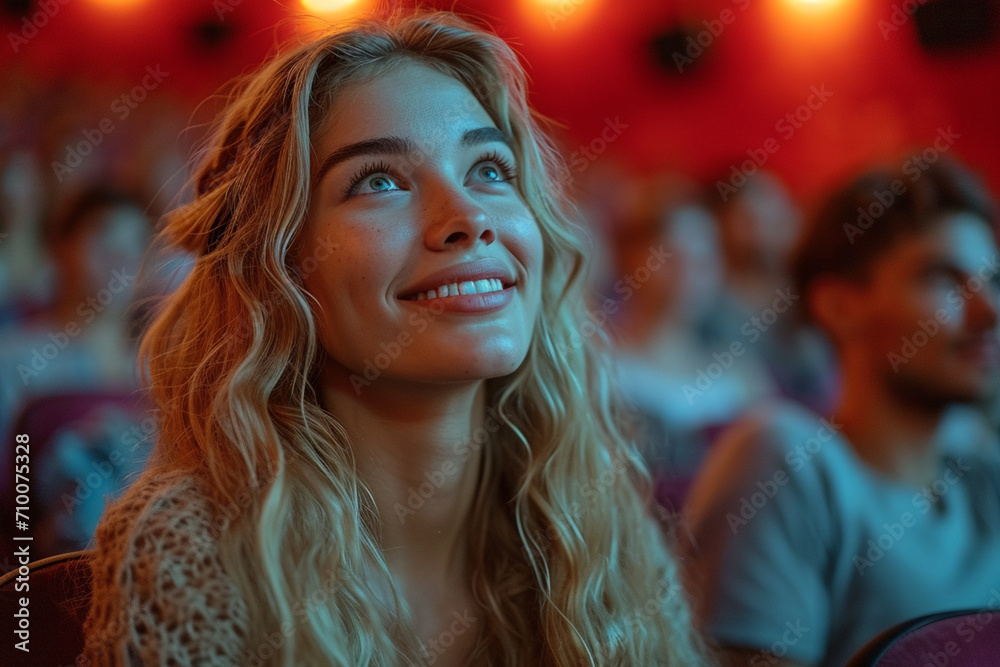 Young woman watching movie in cinema