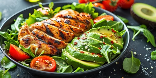 Balanced healthy lunch , chicken , fish , cereals , avocado ,grilled, a combination of vegetables  background , wallpaper photo