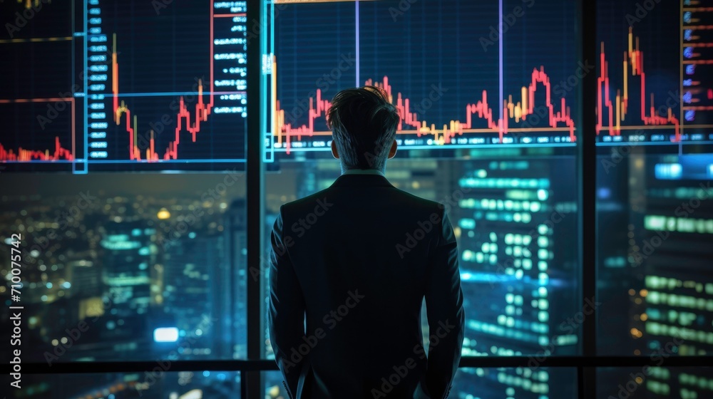 A financial trading manager analyzes stock market performance to determine the best investment strategy, financial data and charts. back view A financial trading manager analyzes stock market performance to determine the best investment strategy, financial data and charts. back view