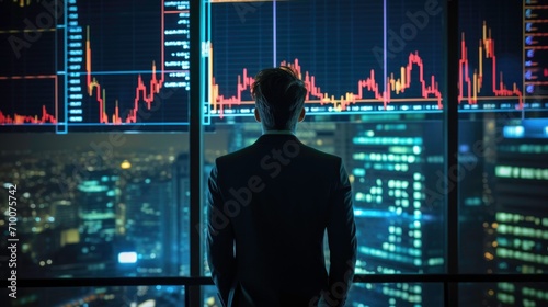 A financial trading manager analyzes stock market performance to determine the best investment strategy, financial data and charts. back view