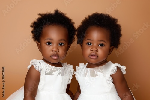 Cute African American identical twin toddlers against a pastel brown background photo