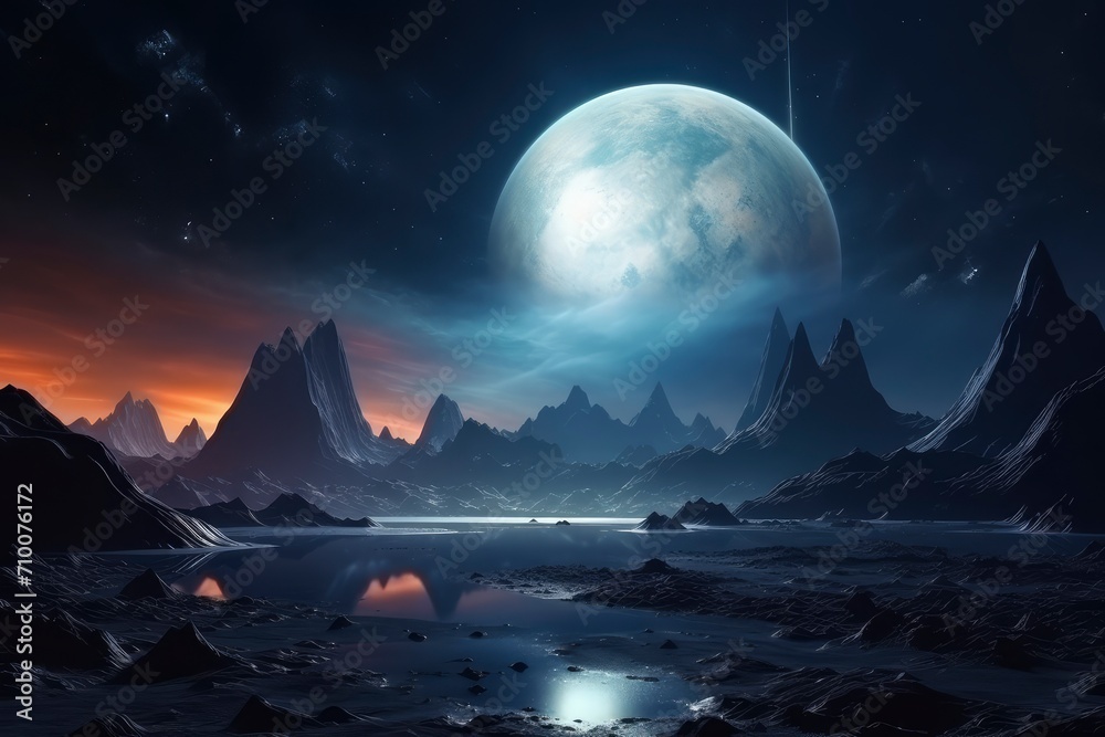 Alien Landscape with Giant Moon and Starry Sky Alien Landscape with Giant Moon and Starry Sky