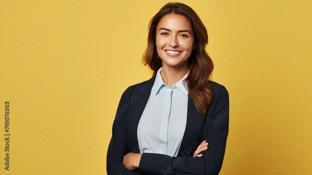 A smartly dressed woman stands with confidence, her arms folded, wearing a navy blazer over a pale blue shirt against a sunny yellow backdrop A smartly dressed woman stands with confidence, her arms folded, wearing a navy blazer over a pale blue shirt against a sunny yellow backdrop