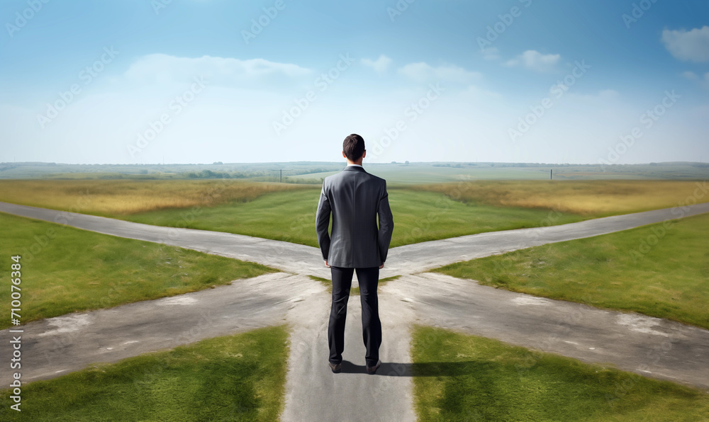 Businessman standing at crossroads, decisions concept Businessman standing at crossroads, decisions concept