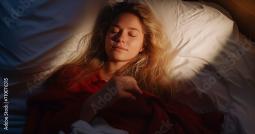 Young woman sleeping in bed with light shining over her face,