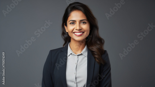 An Indian businesswoman in a sharp black suit with a bright smile, projecting both professionalism and a welcoming persona against a neutral backdrop