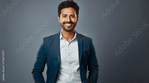 Charismatic businessman in casual blazer and crisp white shirt radiates warmth and confidence against a grey background, perfectly suited for casual corporate or entrepreneurial representations