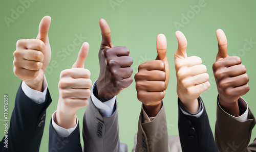 Multi racial grup of business people hands giving thumbs up on green background, agreement and diversity concept photo