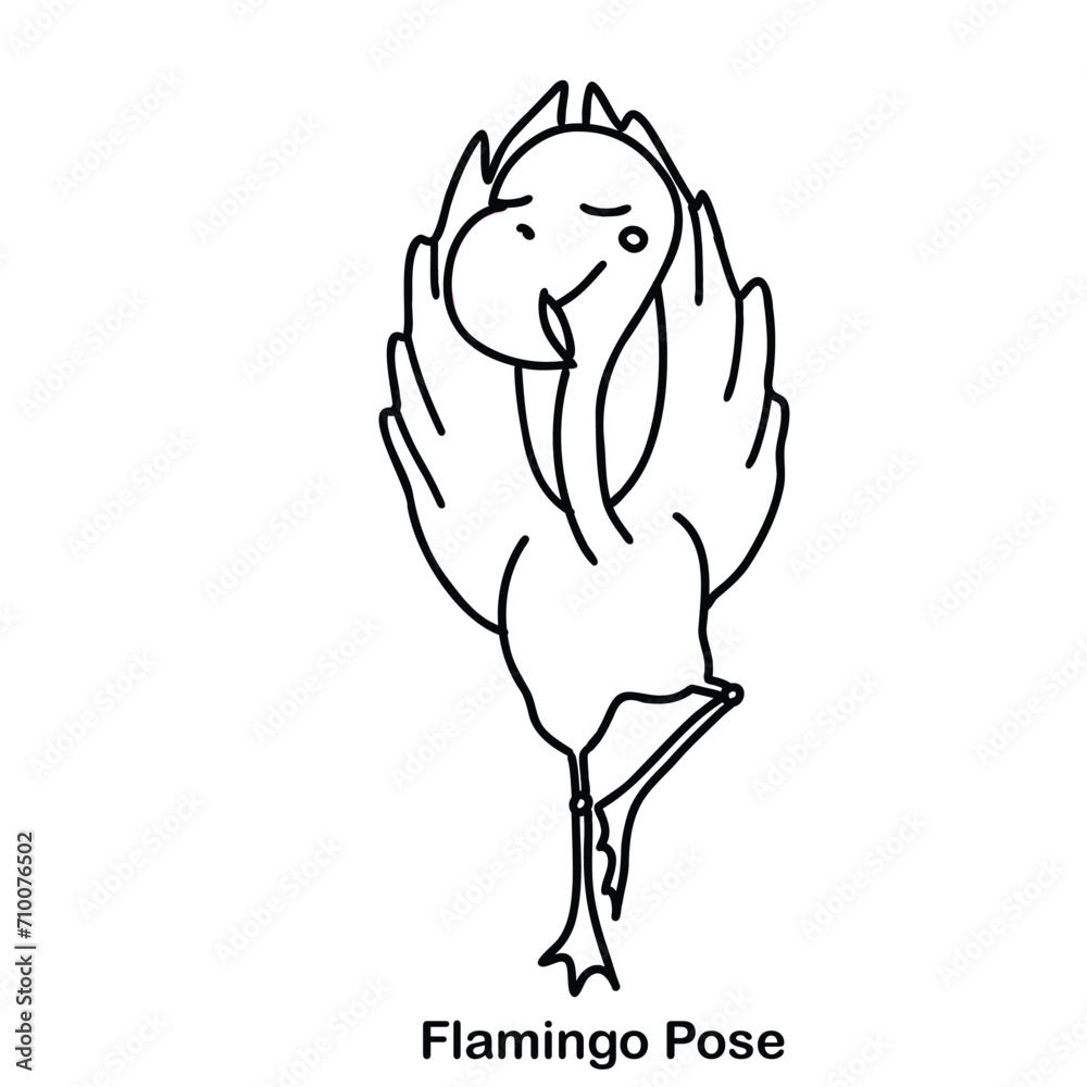 Animal yoga, flamingo pose. Cute flamingo hand drawn vector illustration in doodle style Animal yoga, flamingo pose. Cute flamingo hand drawn vector illustration in doodle style